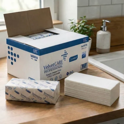 Prosoape de hârtie pentru mâini V premium, 100% celuloză, 2 straturi, 155 foi, 23×25 cm (cutie 20 pachete)