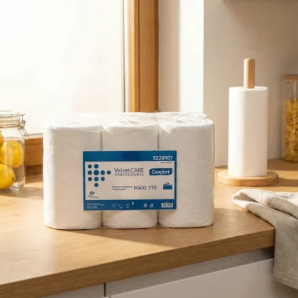 Prosoape de hârtie în rulou Velvet Care, 100% celuloză, Maxi spirale, 2 straturi, 110 m, perforații 19,2×23 cm (6 role)